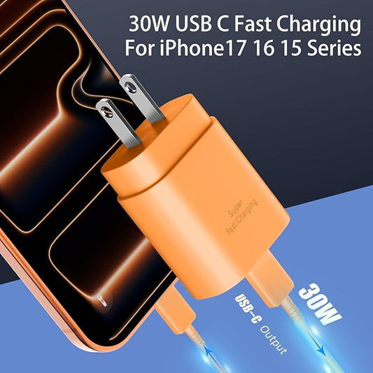Phone 17 16 15 Charger Fast Charging,30W USB C Phone 17 16 15 Pro Max Charger Block & 10FT Long Type C Cable Cord for i.Phone 17/17 Air/17 Pro/17 Pro Max/16/16 Pro Max/15/15 Pro Max,Orange
