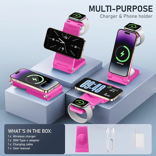 Magnetic Wireless Charger Stand, 3 in 1 Foldable Wireless Charging Station, Travel Charger for Multiple Devices for iPhone 16 15 14 13 12 Series, Apple Watch Ultra/SE/9/8/7/6/5/4/3/2, AirPods
