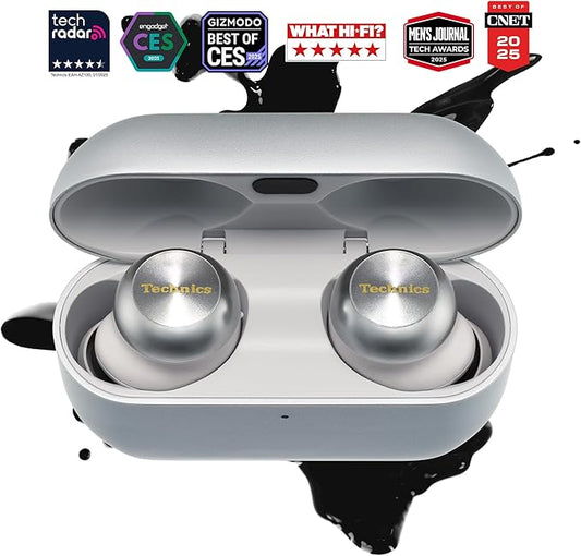 Technics Reference Class Hi-Fi Wireless Earbuds, Dolby Atmos with Head Tracking, Adaptive Noise Cancelling, 3 Device Multipoint, 10-hr Battery, Wireless Charging, Improved Fit - EAH-AZ100-S (Silver)