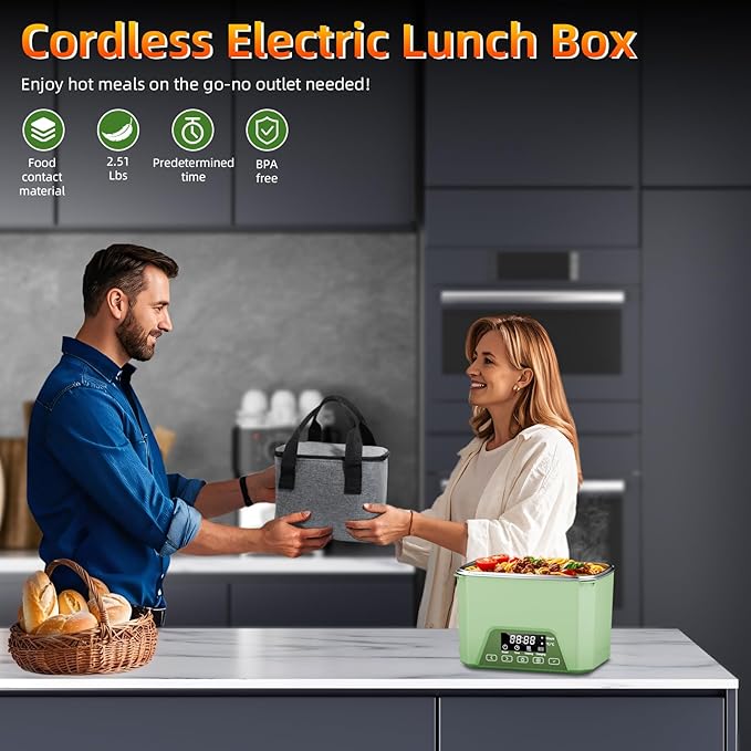 Cordless Electric Lunch Box, 1.2L Self Heating Lunch Box Battery Powered with Automatic Heating, BPA Free, Meal Prep Friendly (Green)