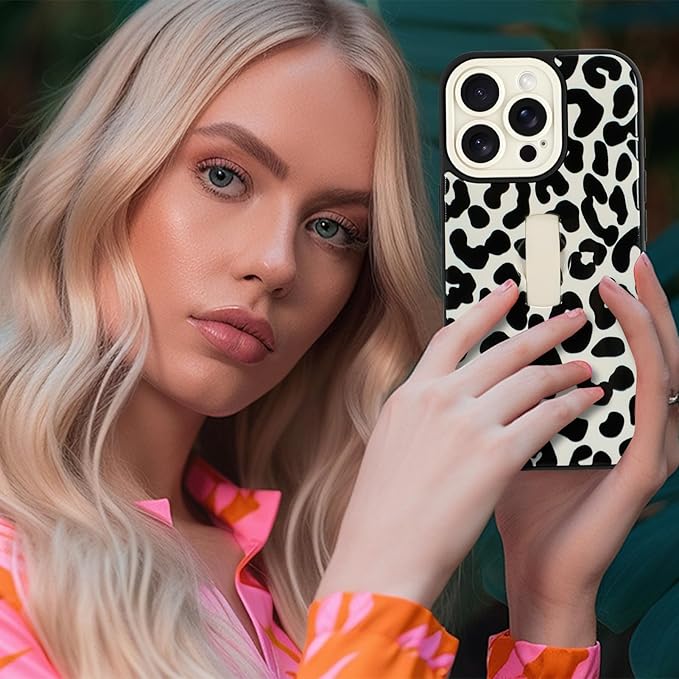 Compatible with iPhone 16 Pro Case with Finger Hand Strap Kickstand, Trendy Cool Leopard Cheetah Phone Case for Women Men, Full Camera Protection Shockproof Protective Cover, White Black