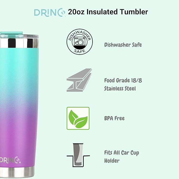Drinco - 20 oz Stainless Steel Tumbler | Double Walled Vacuum Insulated Mug With Lid, 2 Straws, For Hot & Cold Drinks (20oz Ombre Fuschia Teal, 20oz)