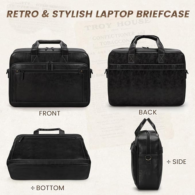 RAINSMORE Mens Laptop Bag 16 Inch Leather Briefcase Vintage Messenger Bag for Men Large Crossbody Shoulder Office Computer Bag Retro College Satchel for Work, Business,Travel, Black