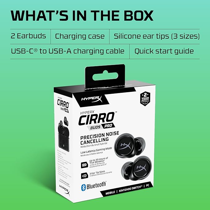 HyperX Cirro Buds Pro – True Wireless Earbuds, Active Noise Cancellation, ANC, Ambient Sound Mode, Low Latency, Bluetooth 5.2, IPX4, Fast Charge, PC, Nintendo Switch, Mobile - Black