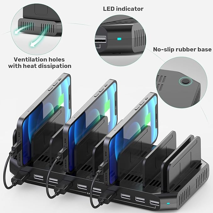 10-Port Multi Charging Station, 60W USB Tablet Charging Station for Multiple Devices, USB Charging Dock Multi Device Charger Organizer with Adjustable Dividers for Tablets, Smartphones