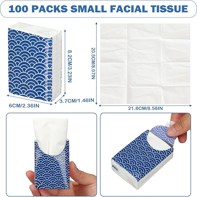 Honoson 200 Pack Tissues Travel Packs Bulk 2000 Sheet Small Pocket Individual Tissues Bulk 3 Ply Small Tissue Packs for Office Car Travel Daily Use(Cool)