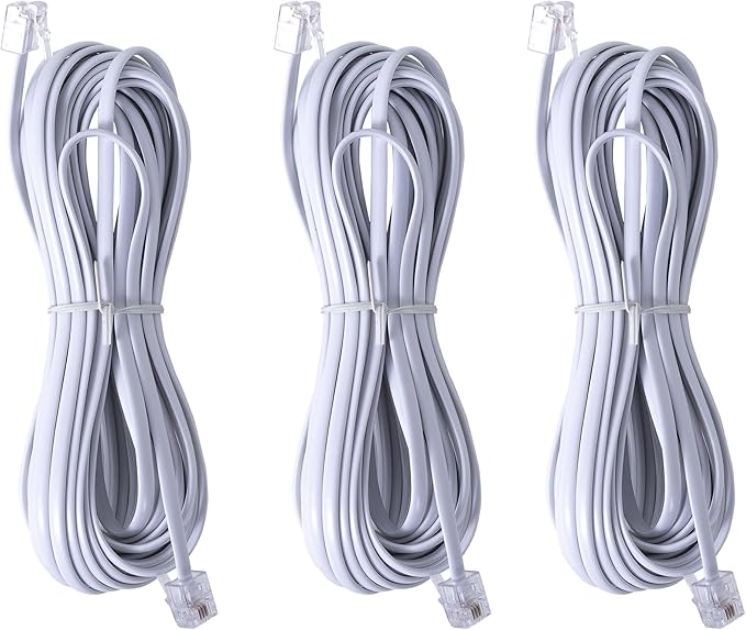 3Pack RJ11 Cable Phone Cord for Landline 25ft Telephone Cord Phone Line Cord RJ11 6P4C Male to Male for Landline Phone and Fax -(White-25Feet)