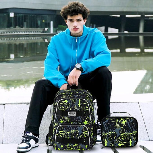 17 Inches Backpack for Boys Men, 3Pcs College Laptop Backpacks Set for Teens Students, Water Resistant Graffiti School Bookbag with Lunch Bag(Green)