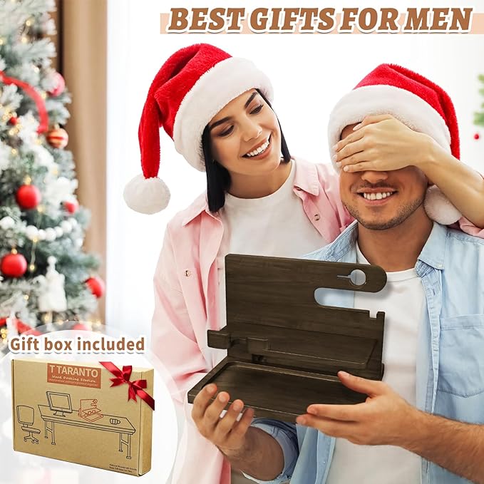 Gifts for Men Wood Phone Docking Station for Men Nightstand Organizer Gifts for Dad Charging Station Cell Phone Stand Desk Organizer Gifts for Husband Boyfriend Brother Son (Grey)