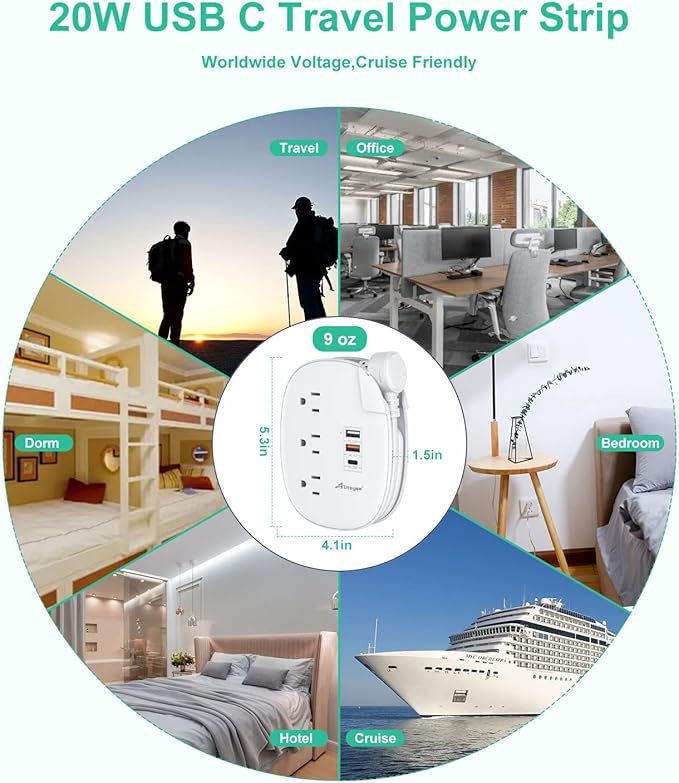 Alitayee 20W USB C Power Strip with 3 Outlets and USB C Fast Charging for iPhone, QC 3.0 Charger, Flat Plug and 3ft Wrapped Around Extension Cord for Cruise Travel Home Office Dorm