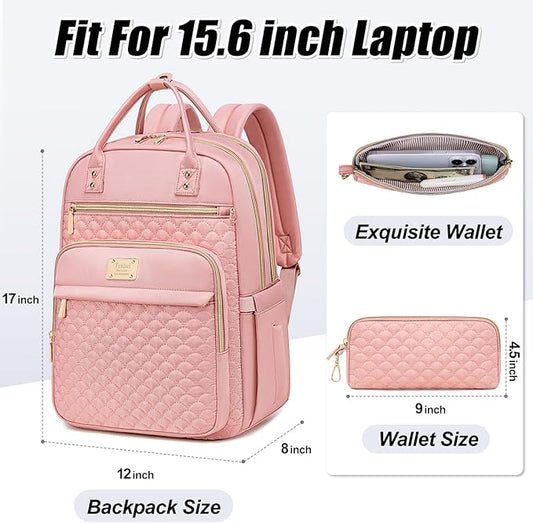 Laptop Backpack for Women,15.6 Inch Laptop Backpack for Work,Water Resistant Travel Backpack,College Bookbag with Wallet (Pink-1)