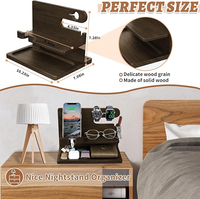 Gifts for Men Wood Phone Docking Station for Men Nightstand Organizer Gifts for Dad Charging Station Cell Phone Stand Desk Organizer Gifts for Husband Boyfriend Brother Son (Grey)