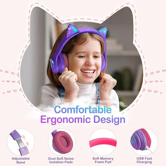 LOBKIN Bluetooth 5.4 Kids Headphones with Case - RGB LED Light Up Cat Ears Foldable Adjustable Over Ear Headphone Support Wireless or 3.5mm Wired Mode for Toddler & Girls & Boys Teens