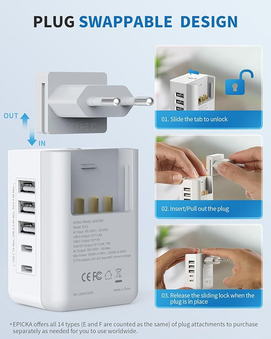 European Travel Plug Adapter, US to Europe Plug Adapter with 2 US Outlets, 3 USB-A & 2 USB-C Ports, Detachable Type C Outlet Adapter Charger for Most of Europe Italy Spain Iceland Portugal (X232C)