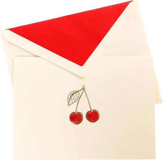 Graphique Cherries Designer Cards Luxe Collection, Gold Foil Embossed Stationary Boxed Set, 10 Blank Cards with 11 Envelopes, All Occasion Greetings, 5.25" x 3.8"