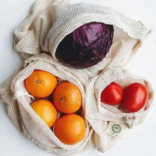 Reusable Mesh Produce Bags made from 100% Organic Cotton - 12"x10", Perfect Reusable Net Vegetable Bags - Washable Fruit, Vegetable & Produce Sacks (3 Medium)