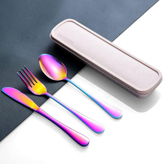 Portable Utensils Set with Case, 4pcs Stainless Steel Reusable Silverware for Lunch Camping School Picnic Workplace Travel, Lunch Box Includ Fork Spoon Knife,Easy to clean,Dishwasher Safe(Rainbow)