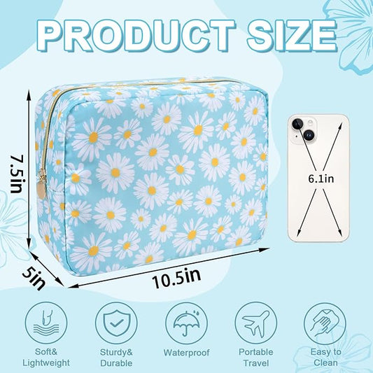 Waterproof Large Floral Makeup Pouch,Nylon Travel Toiletry Storage Purse Preppy Cosmetic Bag for Women Girl,Large Capacity Makeup Organizer Zipper Pouch for Work(L Blue-Daisy)