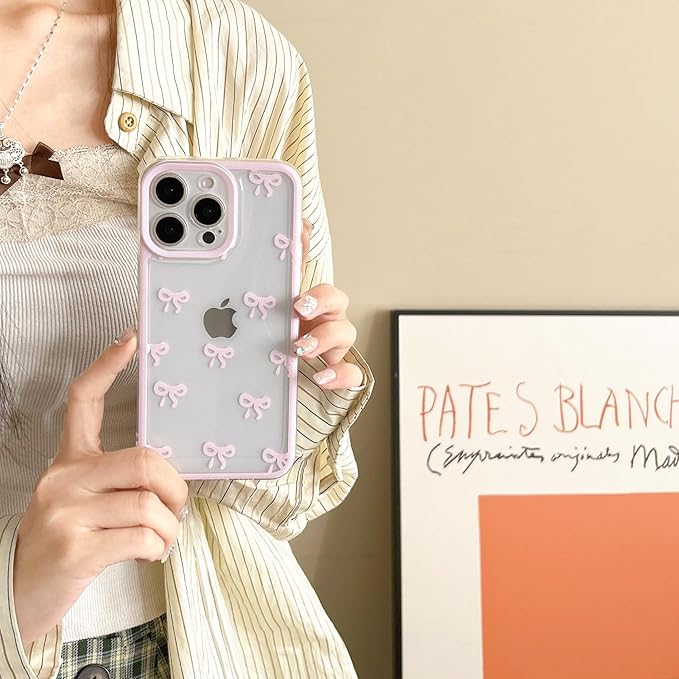 EYZUTAK Case for iPhone 15 Pro Max, Clear Cute Ribbon Bowknot Pattern Aesthetic Transparent Phone Case Raised Camera Protection Stylish Slim Soft Durable TPU Protective Cover for Women Girls - Pink