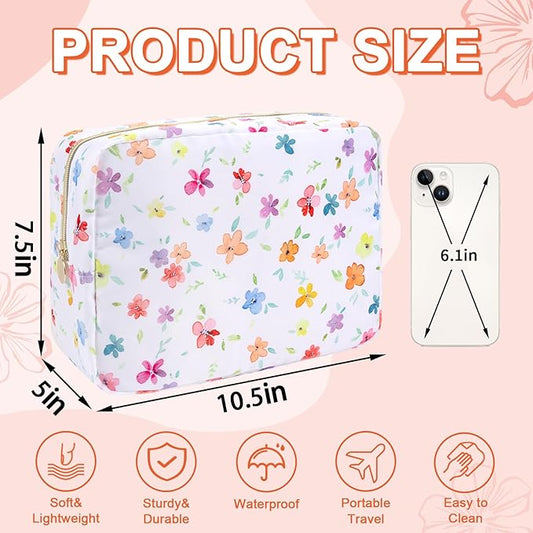 Waterproof Large Floral Makeup Pouch,Nylon Travel Toiletry Storage Purse Preppy Cosmetic Bag for Women Girl,Large Capacity Makeup Organizer Zipper Pouch for Work(L Colorful-Flowers)