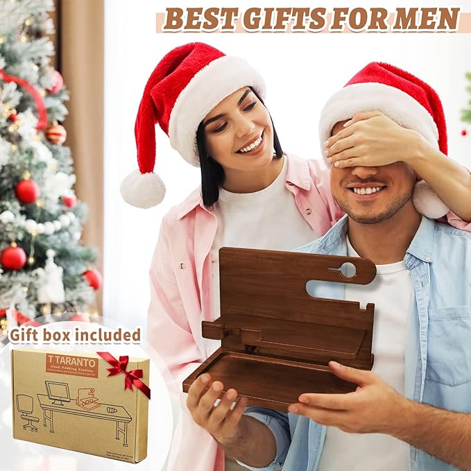 Wood Phone Docking Station - Nightstand Charging Organizer and Cell Phone Stand - Bedside Gift for Men