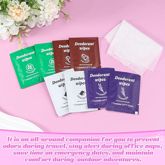 Travel Deodorant Wipes Individually Wrapped,Body Wipes to Clean Skin for Women Men(Lavender,Unscented, Coconut Cucumber,pack of 40)