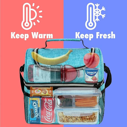 OPUX Lunch Box For Men Women, Insulated Large Lunch Bag Adult Work, Double Decker Lunchbox Meal Prep Dual Compartment Leakproof Lunch Cooler,Soft Lunch Tote Boys Girls Kids School, Aqua Turquoise 12L