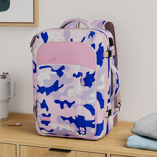 Carry on Travel Backpacks, Extra Large 40L Flight Approved Bag for Men & Women,Expandable Suitcase Backpack With 4 Packing Cubes,Water Resistant Luggage Daypack Business Weekender Bag,Camouflage Pink