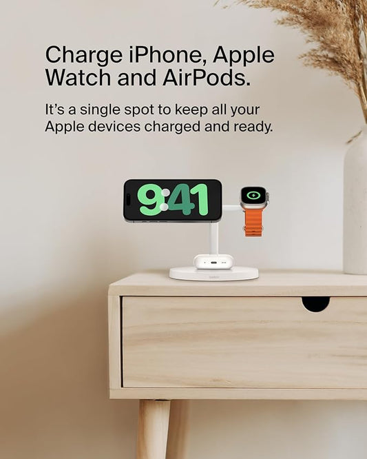 Belkin MagSafe-Compatible Charger, 3-in-1 Wireless Charging Station, Qi2-Certified 15W Wireless Charge for Apple iPhone 16 Series, Apple Watch, AirPods w/Non-Slip Base, 40W Included - White