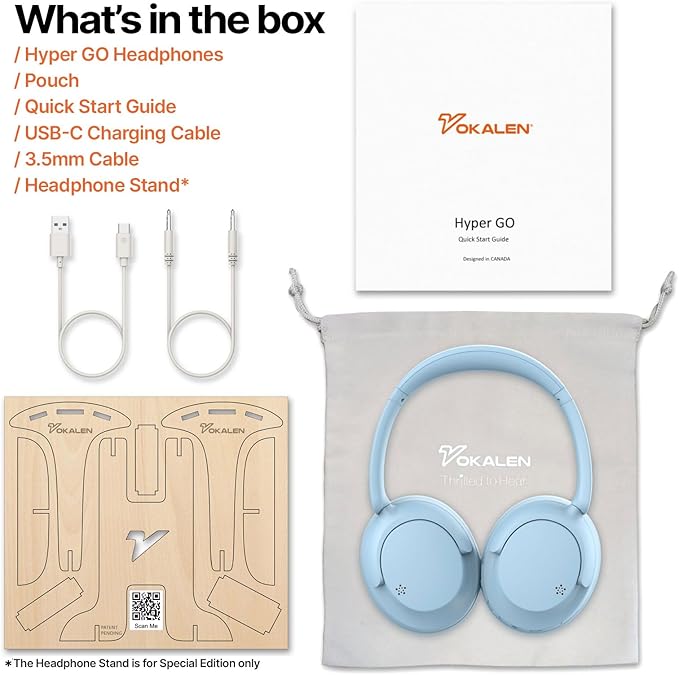 VOKALEN Hyper GO Wireless Over-Ear Noise Cancelling Headphones with Mic, 60H Playtime, Bluetooth Headset, Multi-Device Pairing, Ultra-Lightweight for Travel, Work, Study (Sky Blue)