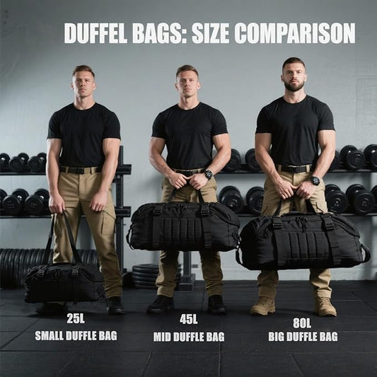 Travel Duffle Bag Backpack for Men - Large Tactical Bags Weekender Gym Bag for Overnight Traveling Military Workout Deployment Sports (Black, 25L)