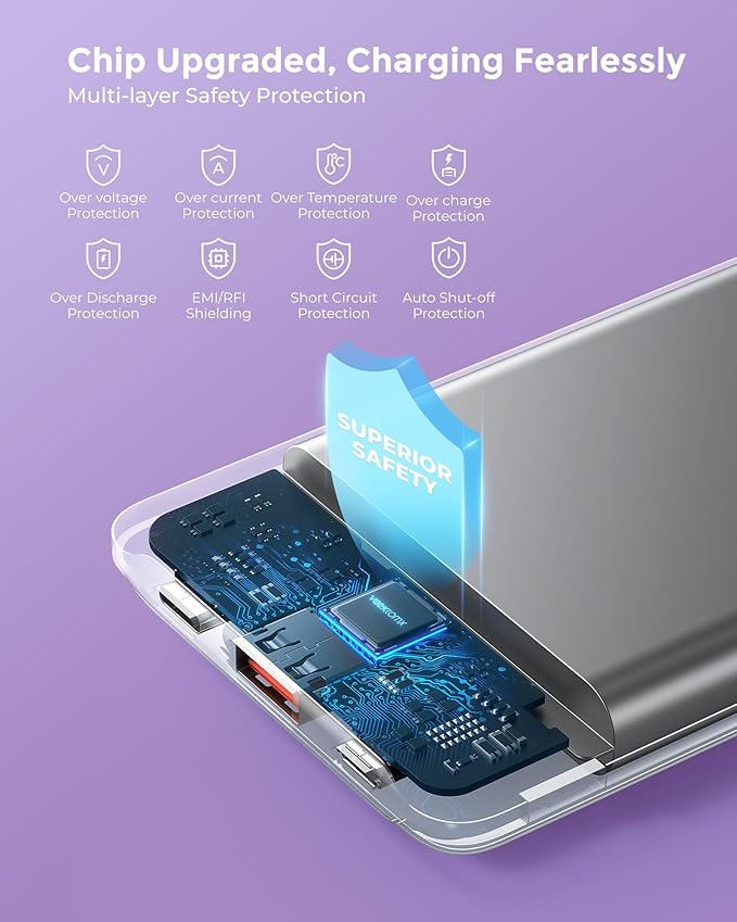 VEEKTOMX Small Portable Charger, Mini Power Bank 10000mAh, PD 22.5W Fast Charging USB-C Battery Bank, Travel Essentials Dual Voltage External Portable Powerbank for iPhone/Samsung/Google Pixel, Purple