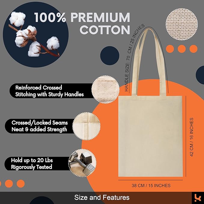 5|6|12|24 Pack Cotton Canvas Tote Bags, Reusable Shopping Grocery Bag, 16”x15” Blank Bulk Cloth Bags for DIY & Promo