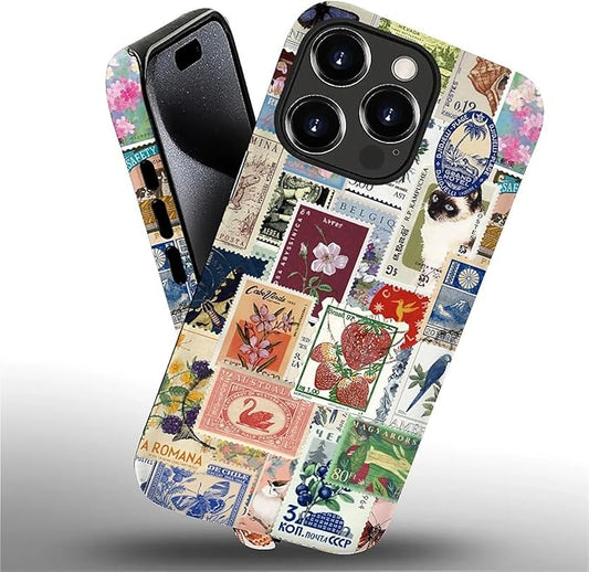 Case for iPhone 16 Pro,Vintage Stamp Collage for Woman Men Full Body Protective Cover Shockproof 2 in 1 Silicone + Hard PC Case for iPhone 16 Pro