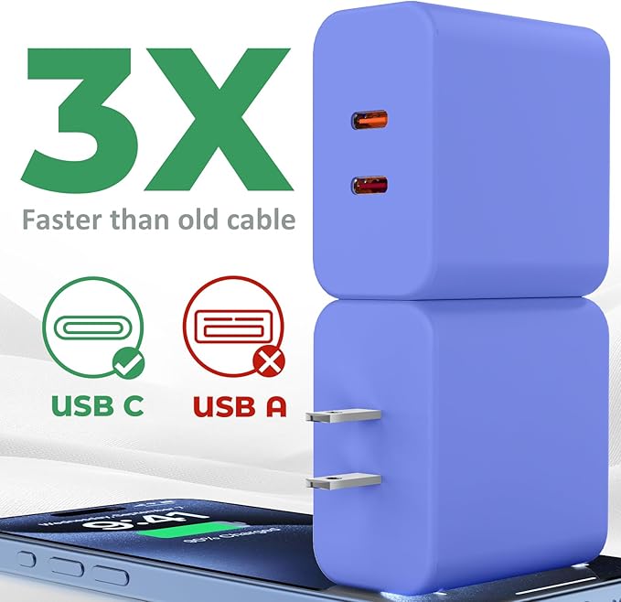 USB C Charger Block, 40W Dual Port Fast Charger 20W Type C Charging Block 3.1A USB Wall Charger Dual Port PD+QC Charging Cube for iPhone 15 16 14 13 12 11 Pro Max XS, iPad, Samsung Phone-Blue