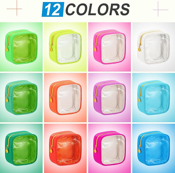Kacctyen 12 Pcs Mini Makeup Bag Nylon Small Pouch for Purse Mini Square Nylon Pouch with Zipper Small Cosmetic Travel Makeup Bag Purse Organizer for Women (Neon Color,Translucent)