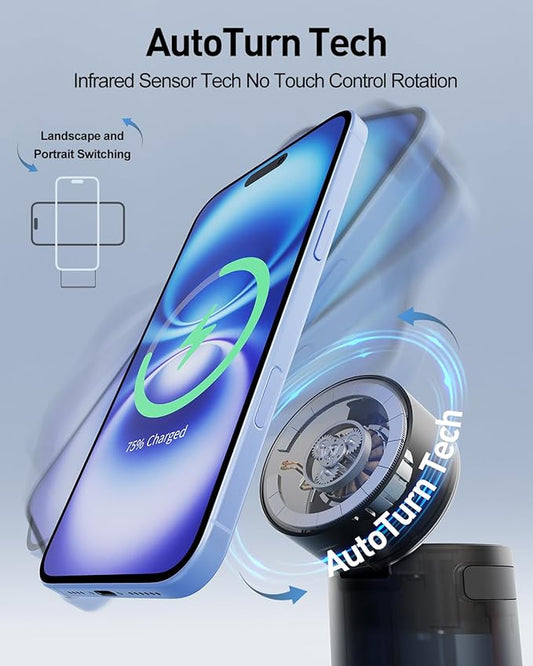 iWALK 3 in 1 Wireless Charging Stand with Auto Rotation, Charging Station with Magnet for Apple Devices, 15W Foldable Wireless Charger Station for iPhone 16 15 14 13 12 & Apple Watch & Airpods, Black