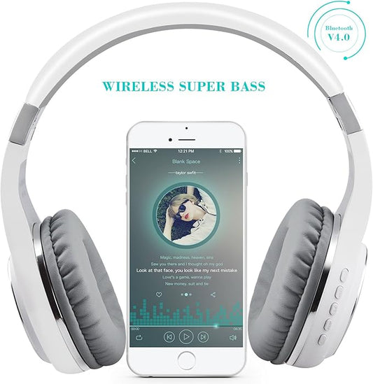Riwbox Bluetooth Headphones, XBT-80 Folding Stereo Wireless Bluetooth Headphones Over Ear with Microphone and Volume Control, Wireless and Wired Headset for PC/Cell Phones/TV/iPad (Silver White)