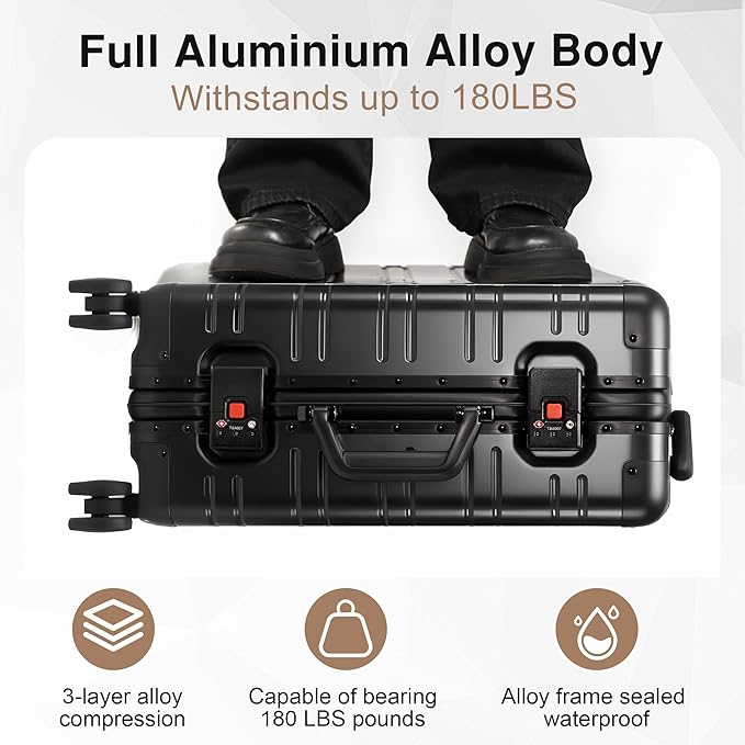 All Aluminum Carry On Luggage 22x14x9 Airline Approved,Zipperless Luggage Premium Aluminum Suitcase Luggage, Hard Shell Carry On Luggage with Spinner Wheels (black, 20inch)