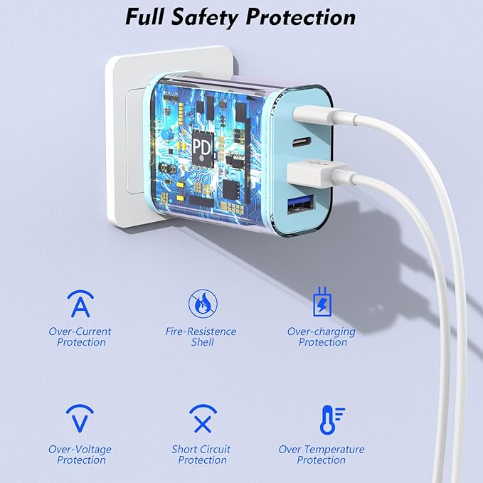 iPhone 16 Charger Block, 40W 4-Port PD USB C Charger Block Power Adapter + QC Wall Charging Plug 2 Pack Fast Charging Cube Apple Multiport Brick for iPhone 16/16e/15/14/13/12 Series/iPad(Pink & Blue)