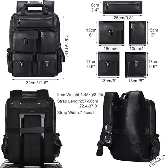 Masa Kawa Black Leather Backpack for Men 15.6 Inch Laptop Bag Multi Pockets Casual Work Business Travel Daypack