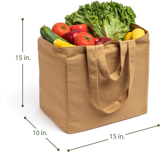 VeraMia Canvas Grocery Bag 3pc XL Set with Real Pockets, Long Shoulder Strap and Short Handle. Heavy Duty, Foldable, Washable
