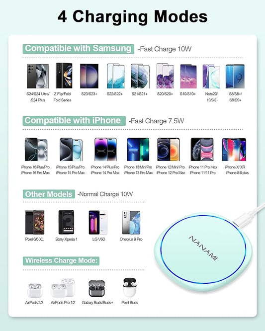 Wireless Charger Pad - NANAMI Wireless Charging Pad Compatible with iPhone 17/16/15/14/13/12 Pro/12 Plus, Qi Charging Dock for Samsung Galaxy S25/S24/S23/S22/S21/S20, Phone Charger for Airpods 3/2/Pro