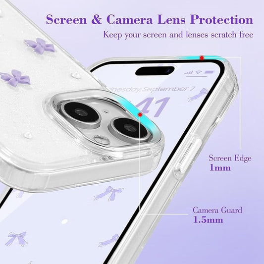 EYZUTAK Case for iPhone 14 Plus, Bling Glitter 3D Bowknot Phone Case Cute Sparkly Crystal Clear Bow Aesthetic Design Case Slim Soft Durable TPU Transparent Protective Cover for Women Girl - Purple Bow