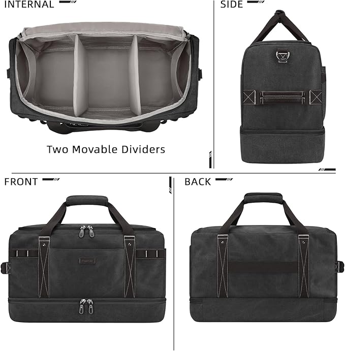 ZOMFELT Travel Duffle Bag for Men, 45L Waterproof Canvas Overnight Duffel Bag with Removable Dividers & Shoe Compartment, Carry On Weekender Gym bag, Multi-Pocket & Vintage Design (Washed Black)