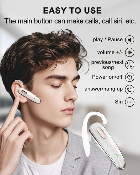 Bluetooth Headset, V5.1 Ultralight Wireless Handsfree Earpiece Cell Phone with Noise Cancellation Microphone for iOS Android Trucker Driver- White