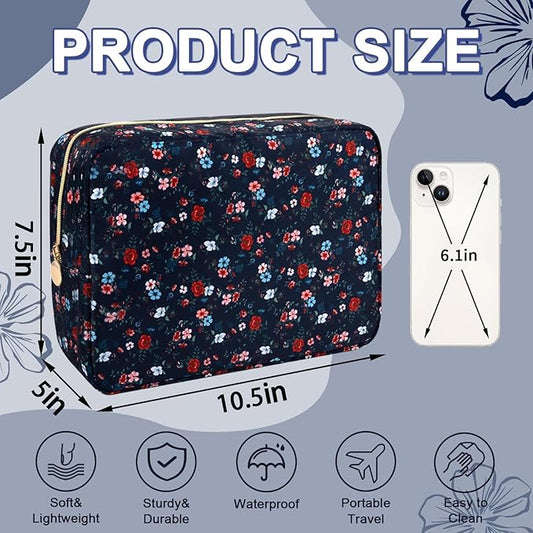 Waterproof Large Floral Makeup Pouch,Nylon Travel Toiletry Storage Purse Preppy Cosmetic Bag for Women Girl,Large Capacity Makeup Organizer Zipper Pouch for Work(L Black-Flowers)