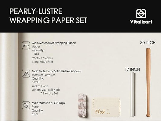 Vitalizart White Wrapping Paper Set 17" Pearly-Lustre With Silk Like Satin Ribbon & Gift Tags Recyclable Christmas Gift Wrapping Birthday Baby Shower Wedding Handmade Crafts 197"(16.4 Ft)