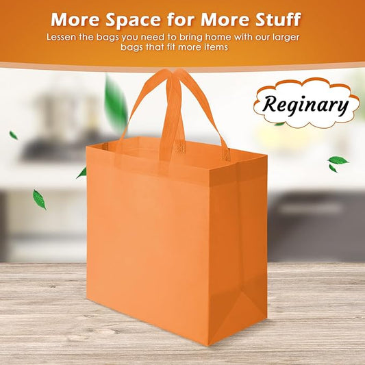 Reginary Reusable Totes Bags - 100 Pcs Non Woven Grocery Handle Bags for Shop Events & Retail Store (Orange)