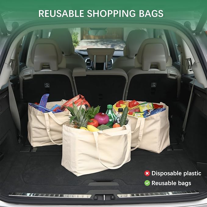 OKBA 5PCS Reusable Grocery Bags with Long Shoulder Straps and Short Handles,Inside Pocket.Large Canvas Shopping Bag